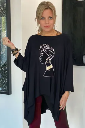 3/4  Sleeves Poncho Top - Black /African Lady