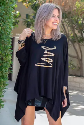 3/4  Sleeves Poncho Top - Black/All You Need Is Love