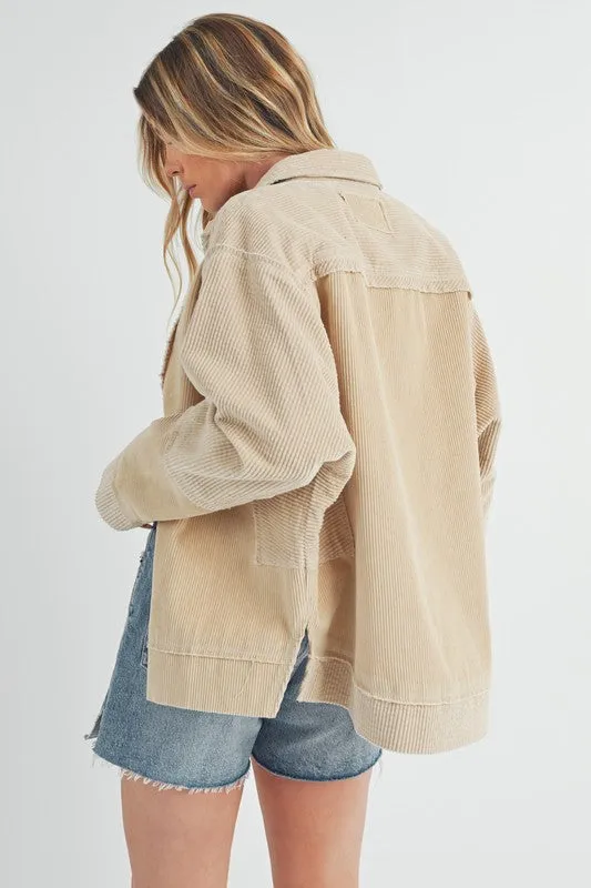 Beige Corduroy Button-Up Jacket – Side Slit Exposed Seam Oversized Fit
