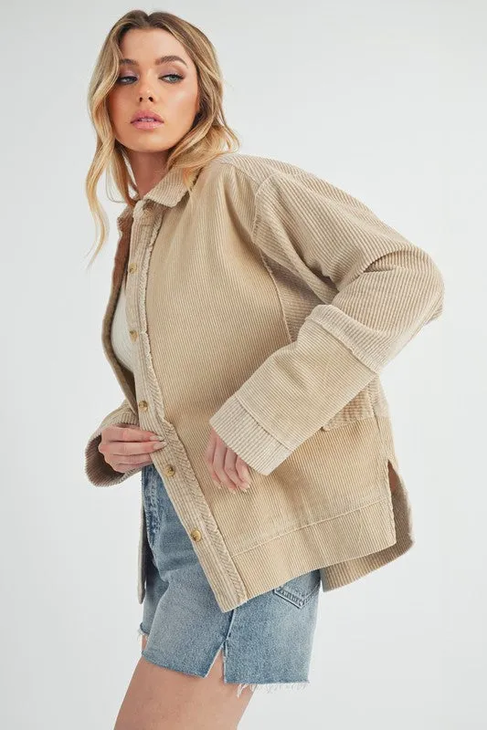 Beige Corduroy Button-Up Jacket – Side Slit Exposed Seam Oversized Fit