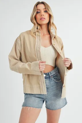 Beige Corduroy Button-Up Jacket – Side Slit Exposed Seam Oversized Fit