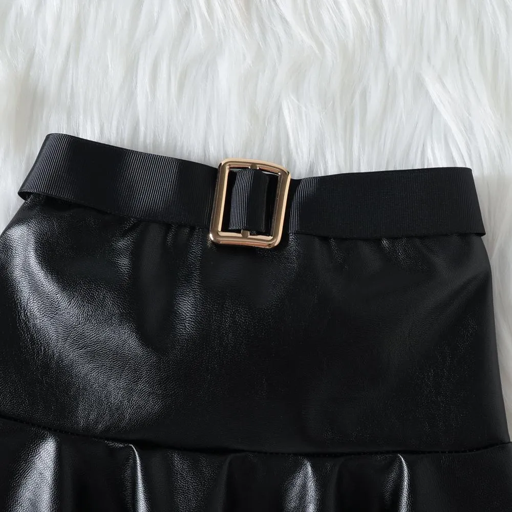 Christmas Girls Red Top Belt Leather Skirt Set Wholesale Girls Clothes