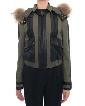 Jason Wu Olive Green and Leather Short Bomber Jacket with Fur Trim Hood  - 6