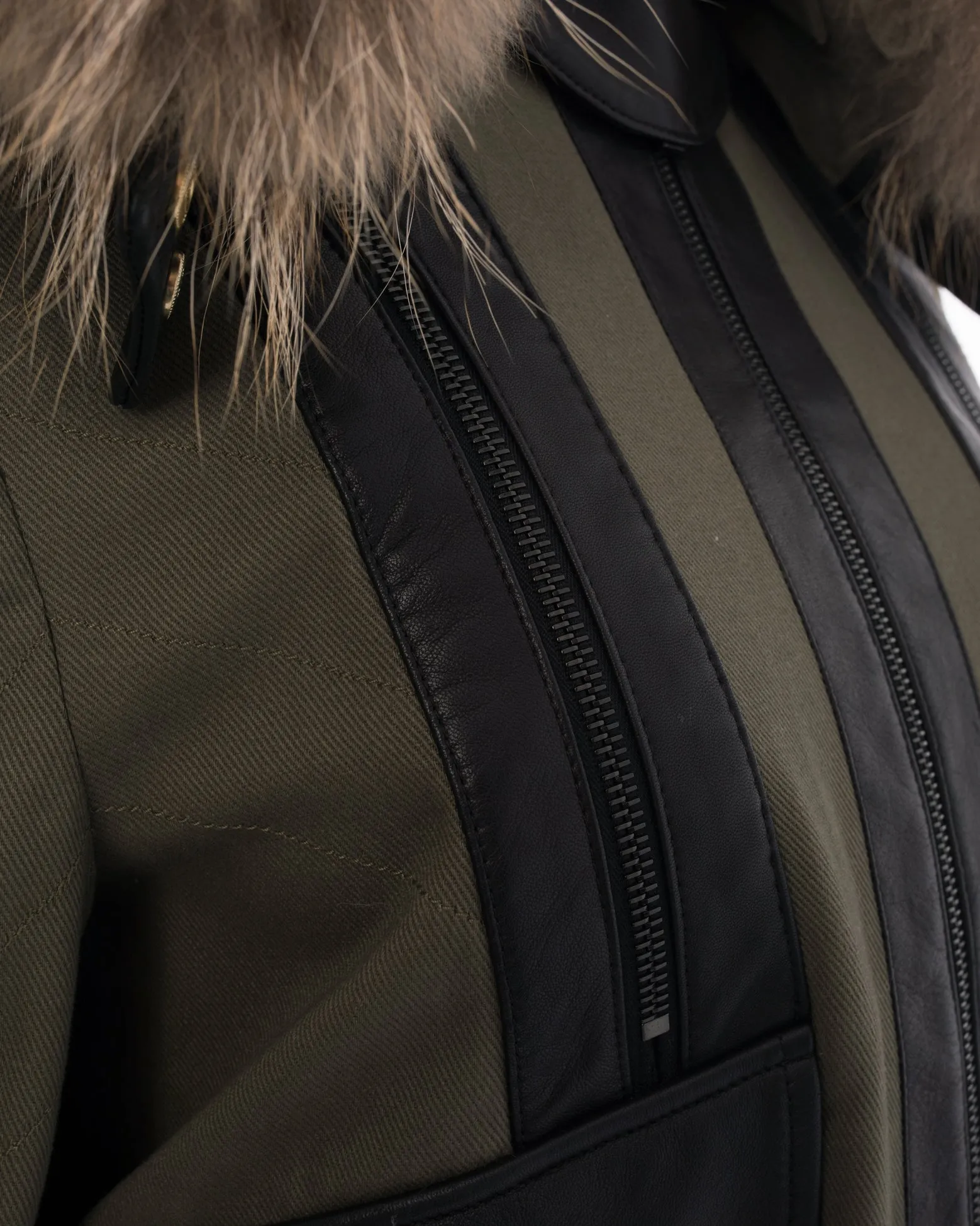 Jason Wu Olive Green and Leather Short Bomber Jacket with Fur Trim Hood  - 6