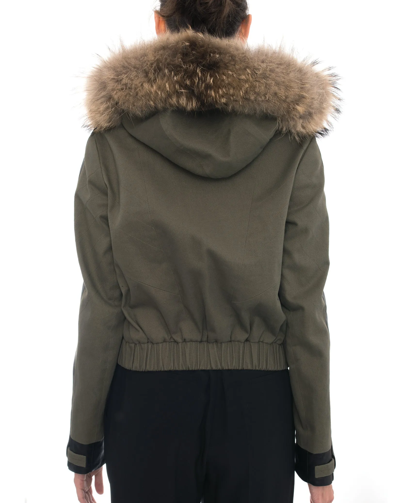 Jason Wu Olive Green and Leather Short Bomber Jacket with Fur Trim Hood  - 6