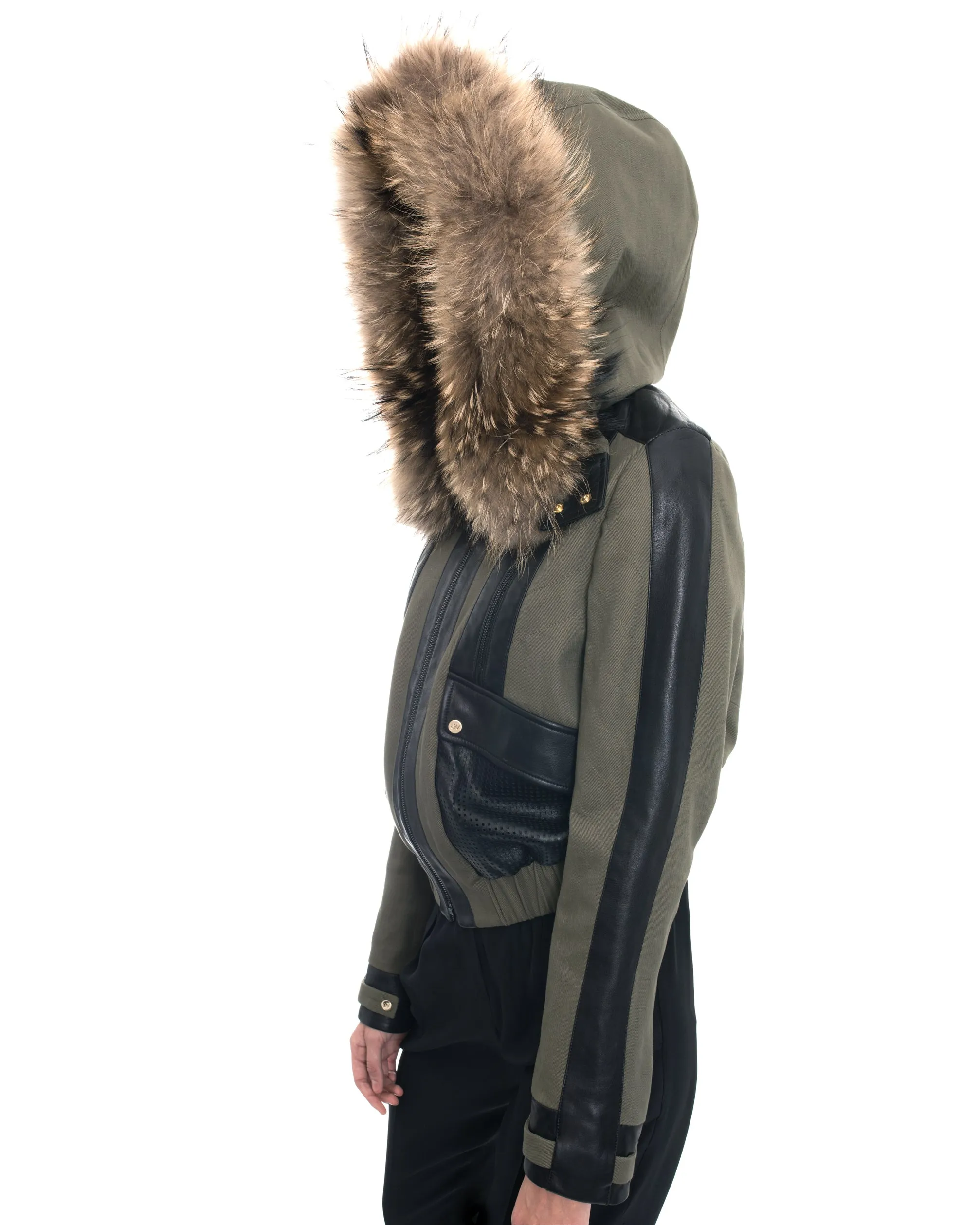Jason Wu Olive Green and Leather Short Bomber Jacket with Fur Trim Hood  - 6