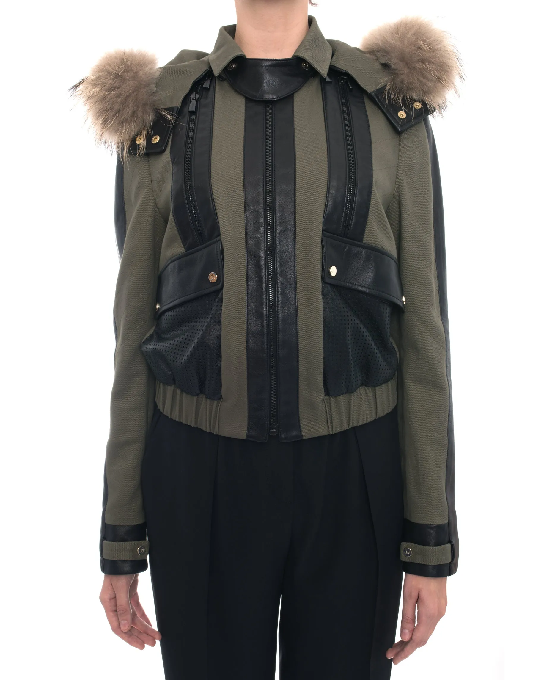 Jason Wu Olive Green and Leather Short Bomber Jacket with Fur Trim Hood  - 6