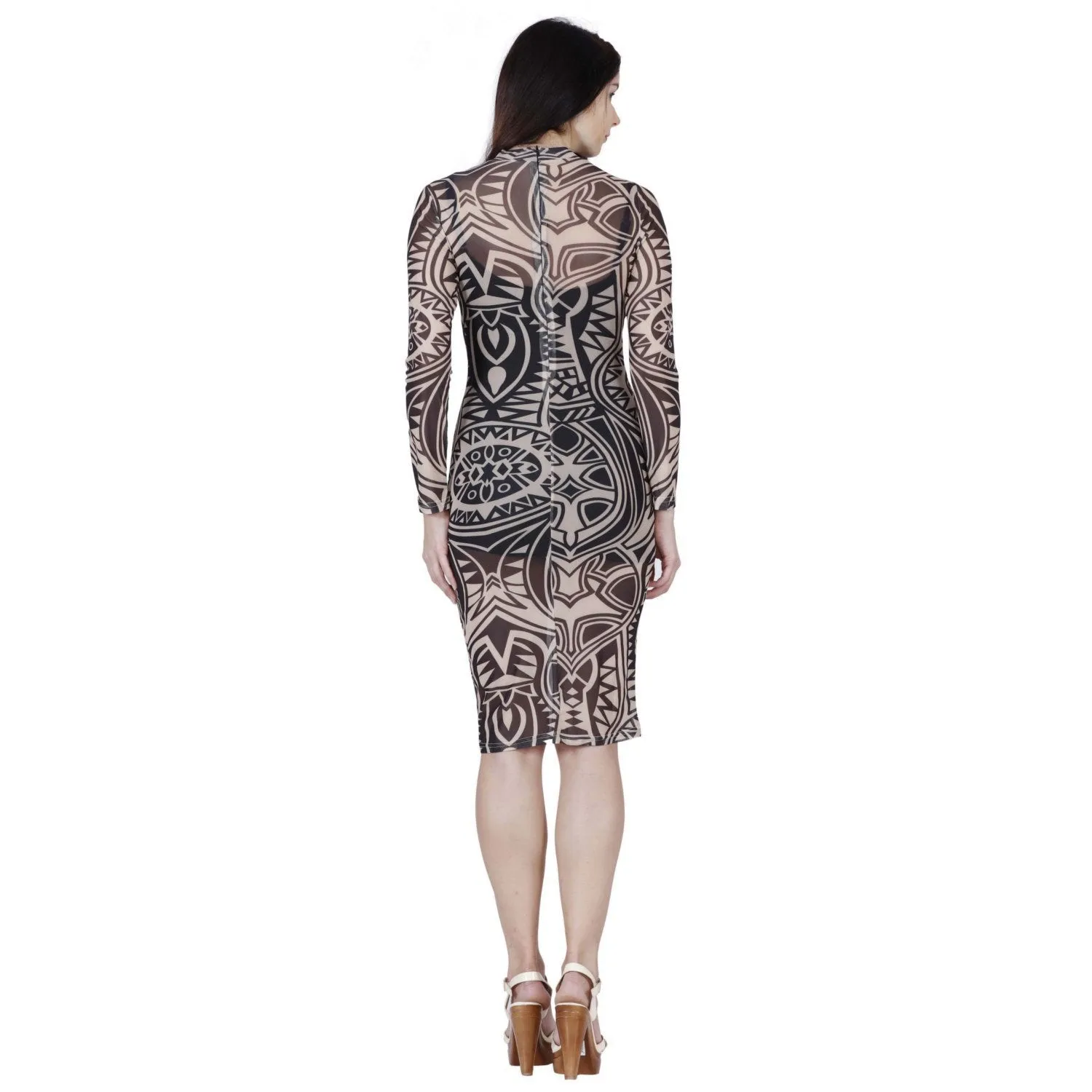 Jaune Voodoo Aztec Tattoo Print Nude Dress