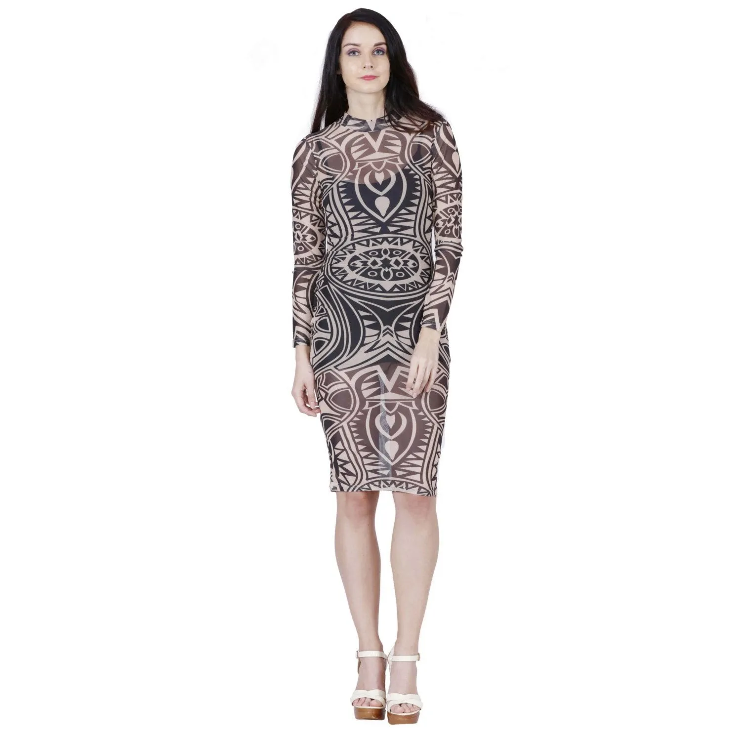 Jaune Voodoo Aztec Tattoo Print Nude Dress