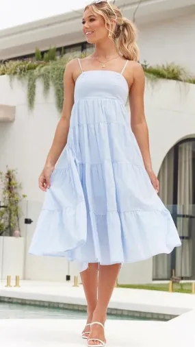 Light Blue Tiered Slip Midi Dress