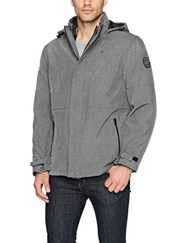 Tommy Hilfiger Men's 3-in-1 Soft Shell Jacket with Hooded Puffer Insert, Heather Grey, Large